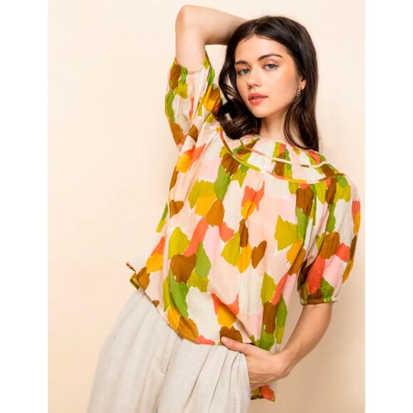 Pretty cotton smocked abstract calico printed babydoll style top by THML size S - Picture 1 of 11